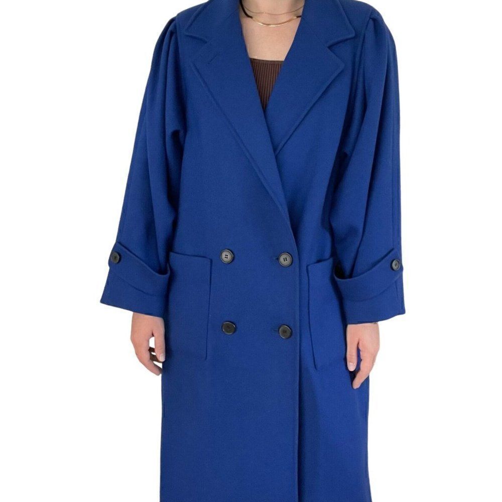 Vintage 1980s Womens International Scene Royal Blue Wool Long Trench Coat Sz L